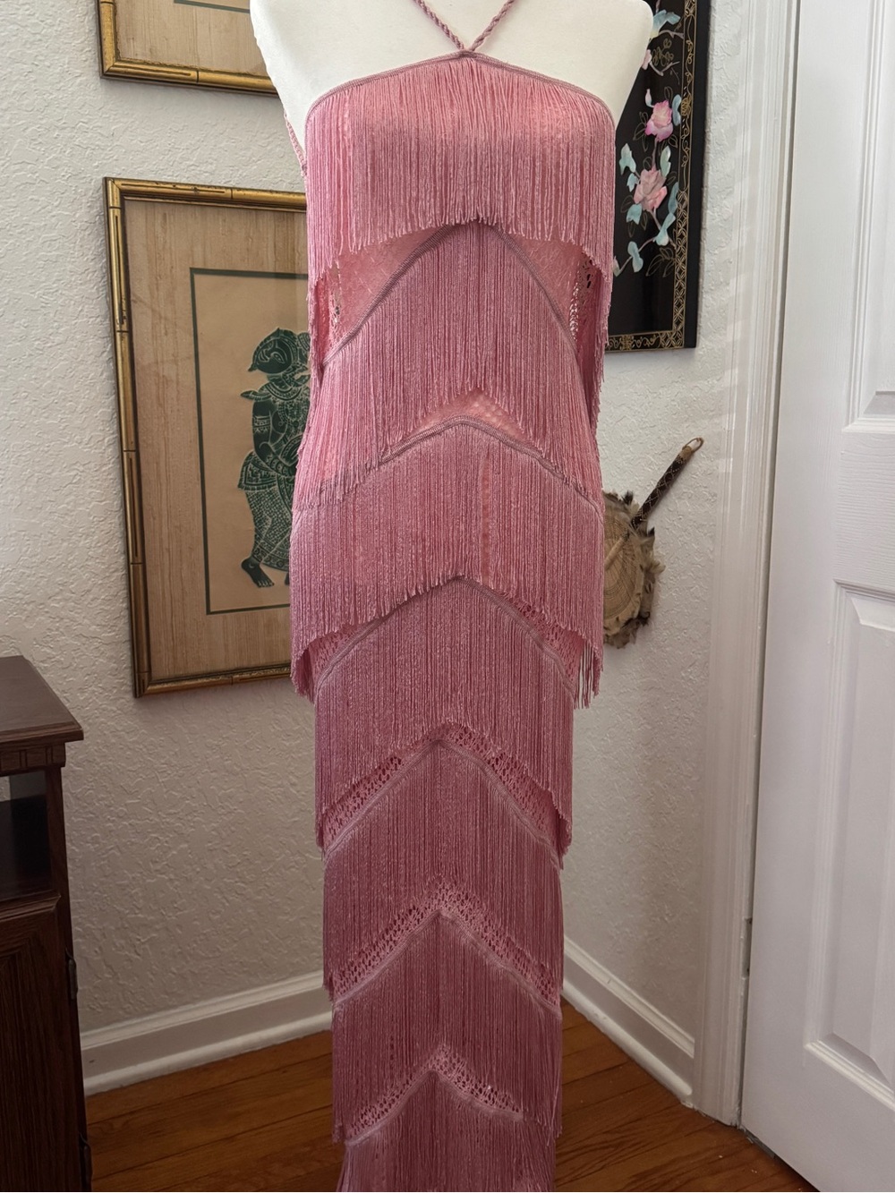 BLESS Pink Fringe Maxi Dress Backless Lace Up Flapper Festival Dress